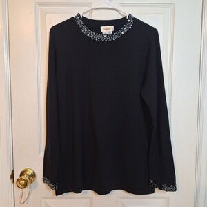 Talbots Vintage Black Wool Knit Beaded Neckline Sweater Minimalist Formal Size S